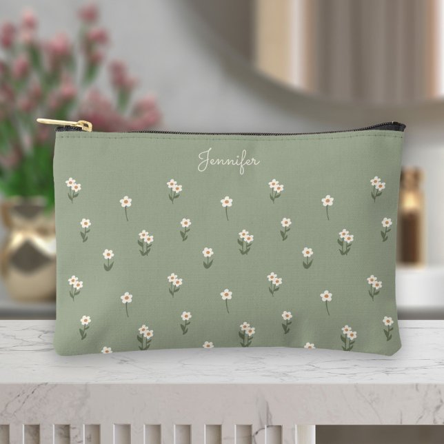 Pochette À Accessoires Ditsy Floral Boho Wildflower Sage Green Name (Créateur téléchargé)