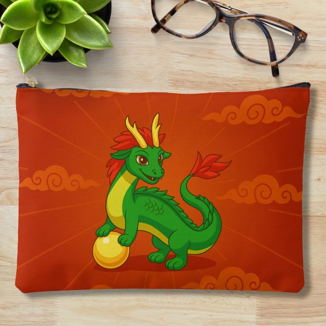 Pochette À Accessoires Dragon Chinois Vert sur Fond Rouge (Créateur téléchargé)