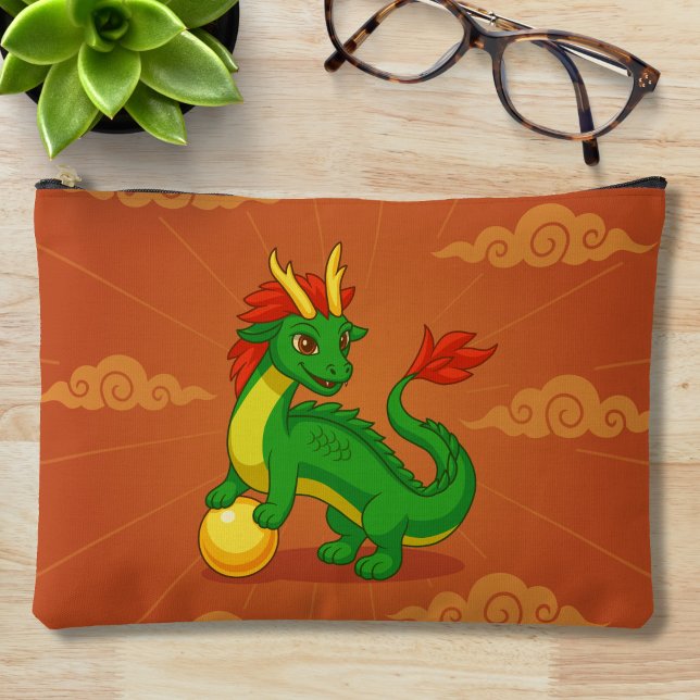 Pochette À Accessoires Dragon Chinois Vert sur Fond Rouge (Créateur téléchargé)
