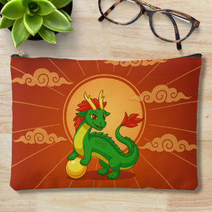 Pochette À Accessoires Dragon Chinois Vert sur Fond Rouge