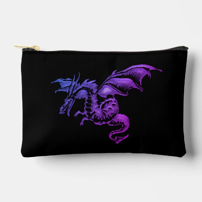 Pochette À Accessoires Dragon Violet Volant sur Fond Noir (Recto)