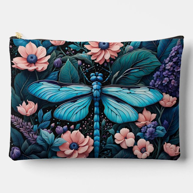 Pochette À Accessoires Dragonfly dans un jardin fleuri la nuit (Recto)