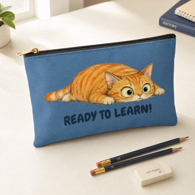 Pochette À Accessoires Drôle de chat orange prêt à apprendre crayon denim (Funny Orange Cat Ready to Learn Denim Blue Pencil Accessory Pouch)
