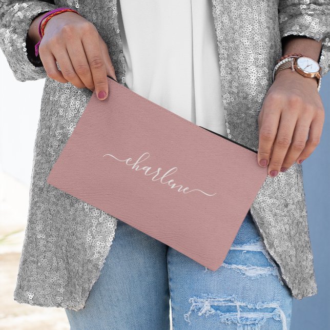 Pochette À Accessoires Dusty rose et blanc Nom élégant (Dusty Pink and White Elegant Name Accessory Pouch)