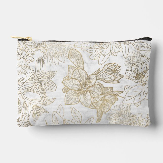 Pochette À Accessoires Elégant blanc gris or marbre floral (Recto)