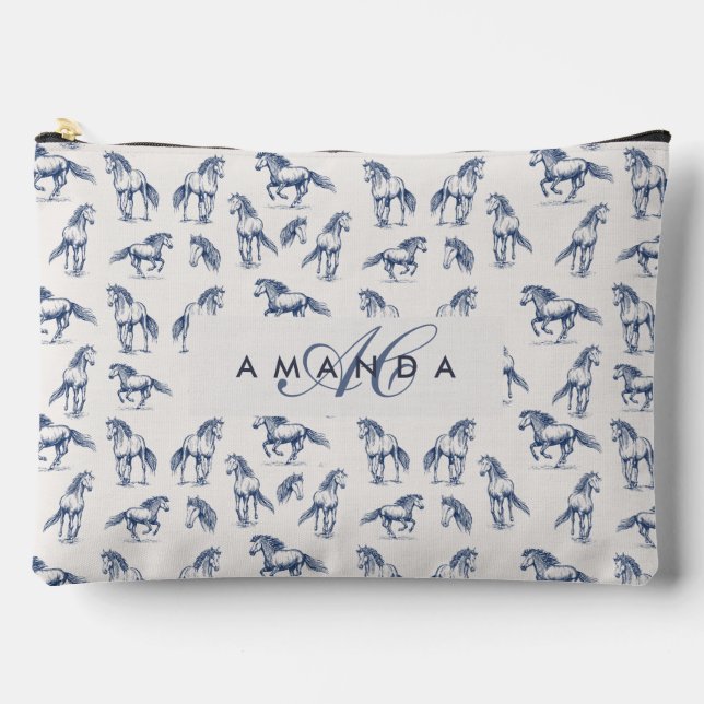 Pochette À Accessoires Élégant Cheval Bleu Monogramme Cadeaux Initiaux (Recto)