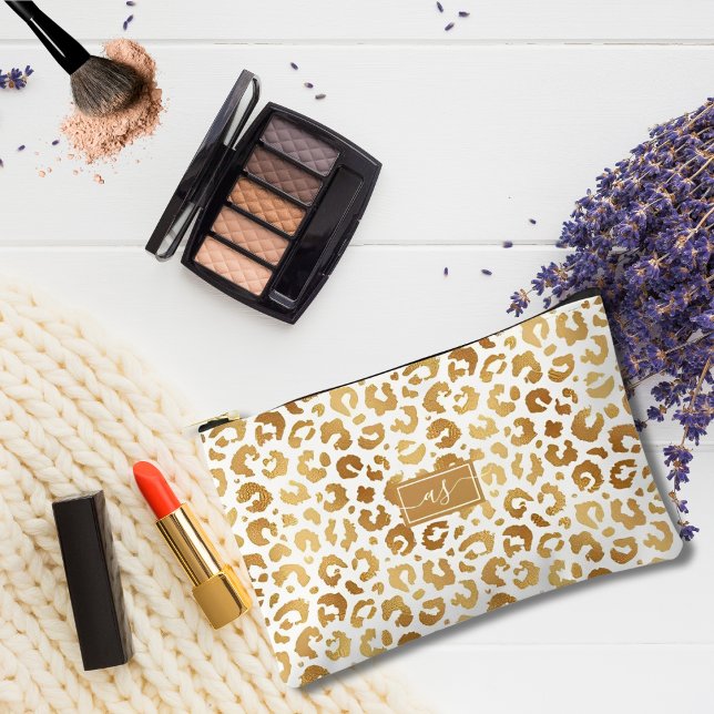 Pochette À Accessoires Élégant Empreinte de léopard Gold Foil Blanc Monog (Créateur téléchargé)