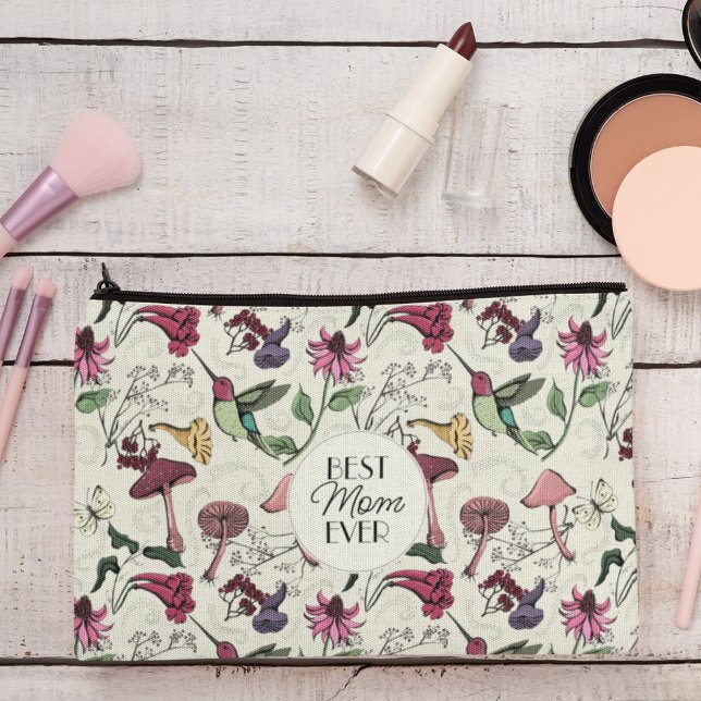 Pochette À Accessoires Elégant Jaune Meilleure Maman Jamais Photo Colibri (Front: Best Mom Ever on a Chic Hummingbird & Bignonia Pattern. Back: Custom Photo and 2 Messages.)