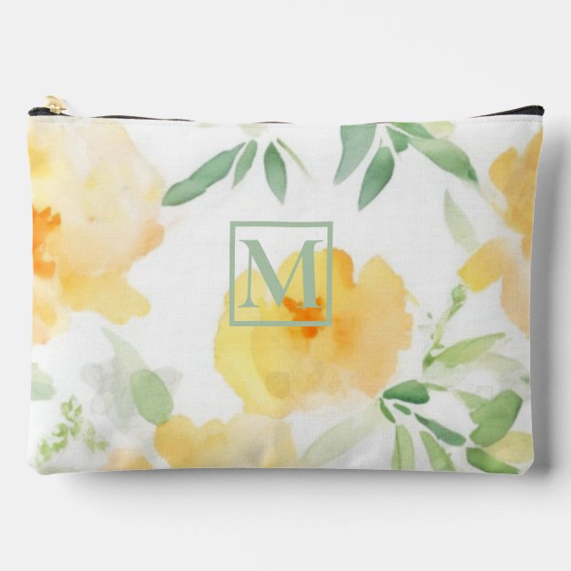 Pochette À Accessoires Elégant jaune pêche orange aquarelle fleurie (Recto)