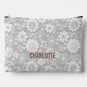 Pochette À Accessoires Élégant motif de dentelle fleurie blanche nom mono