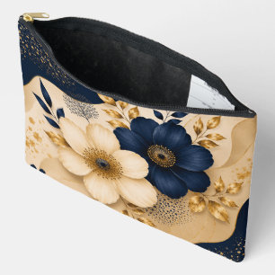 Pochette À Accessoires Élégant motif floral botanique bleu marine et or