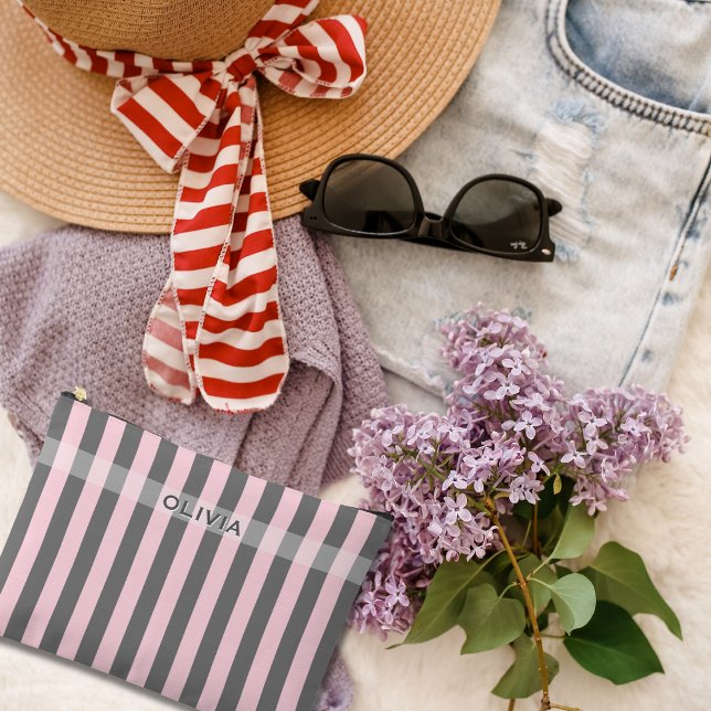 Pochette À Accessoires Elegant Pink and Gray stripes Minimalist Custom (Créateur téléchargé)