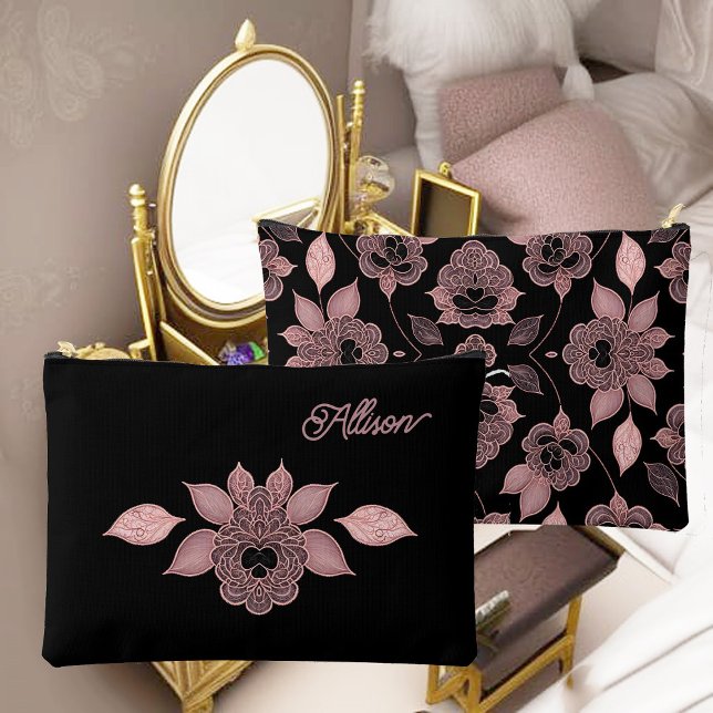 Pochette À Accessoires Élégant rose sur dentelle noire dans le style vint (Créateur téléchargé)