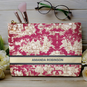 Pochette À Accessoires Élégant Vintage Rouge Toile de Jouy Lac Monogramme