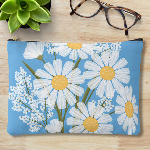 Pochette À Accessoires Elégante marguerite florale blanche sur bleu