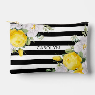 Pochette À Accessoires Élégantes roses jaunes anglaises rayures noires et