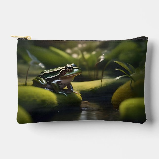 Pochette À Accessoires Emerald Serenity: A Green Frog by the River, (Recto)
