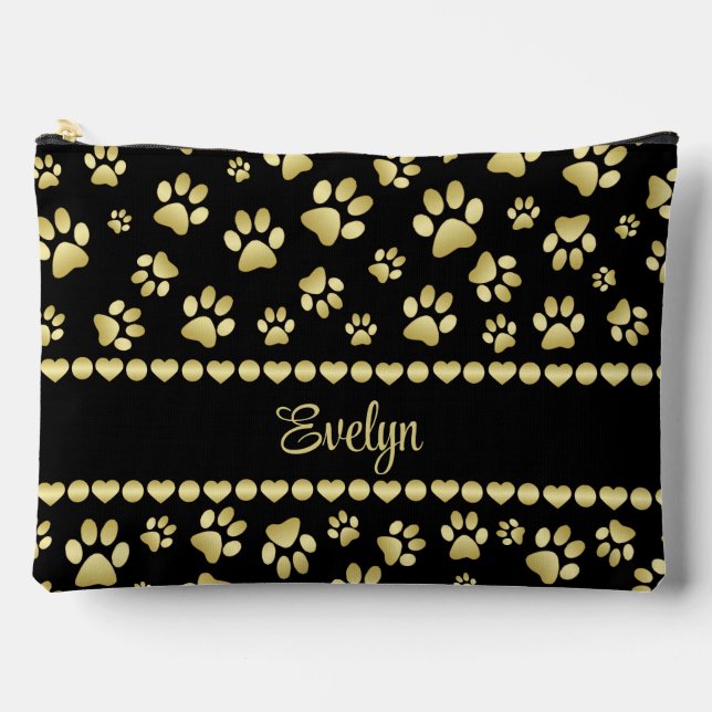 Pochette À Accessoires Empreintes de Patte Dorées sur Fond Noir avec Nom  (Recto)