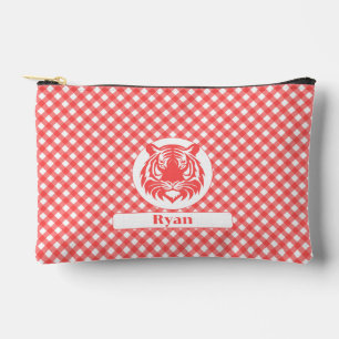 Pochette À Accessoires En vichy rouge avec tête de tigre rouge et nom