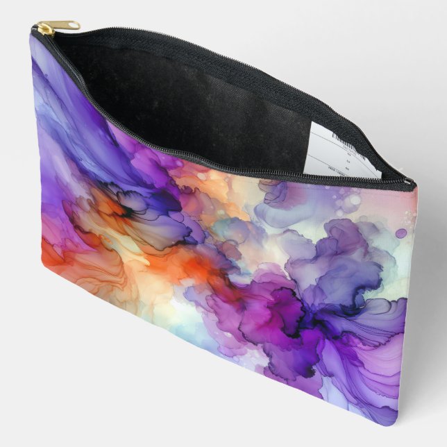 Pochette À Accessoires Encre d'alcool orange et violet Abstraite (Ouvrir)
