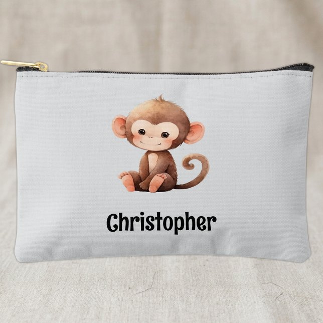 Pochette À Accessoires Enfants mignon singe ajouter un nom gris noir (Créateur téléchargé)