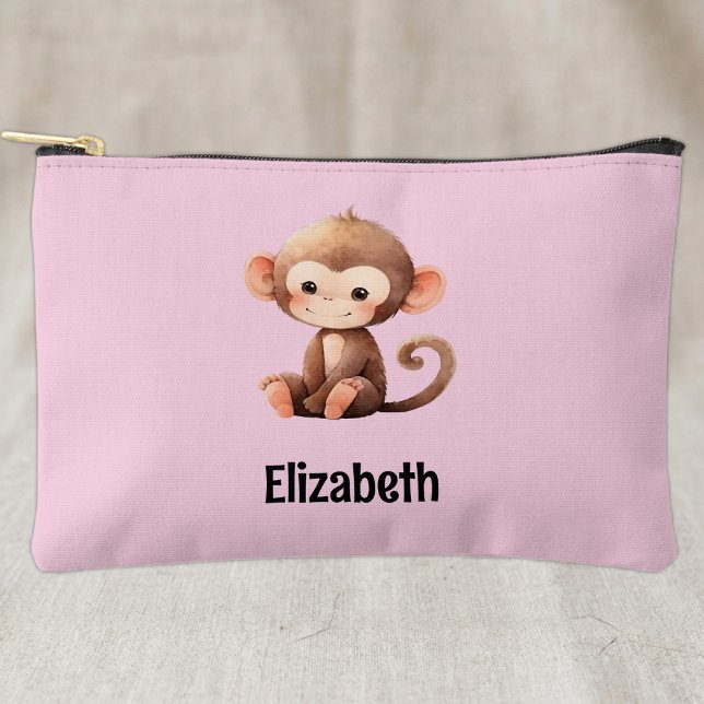 Pochette À Accessoires Enfants mignon singe ajouter un nom rose noir (Créateur téléchargé)