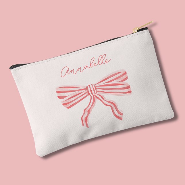 Pochette À Accessoires Esthétique Coquette ruban rose avec nom (Coquette Pink bow pouch, personalize with your own name or choice of text.)