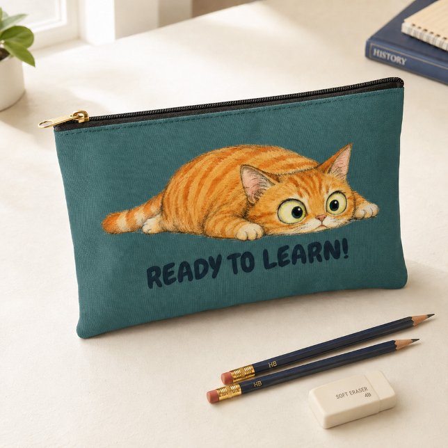 Pochette À Accessoires Étui à crayons orange drôle prêt à apprendre (Funny Orange Cat Ready to Learn Teal Pencil Case Accessory Pouch)