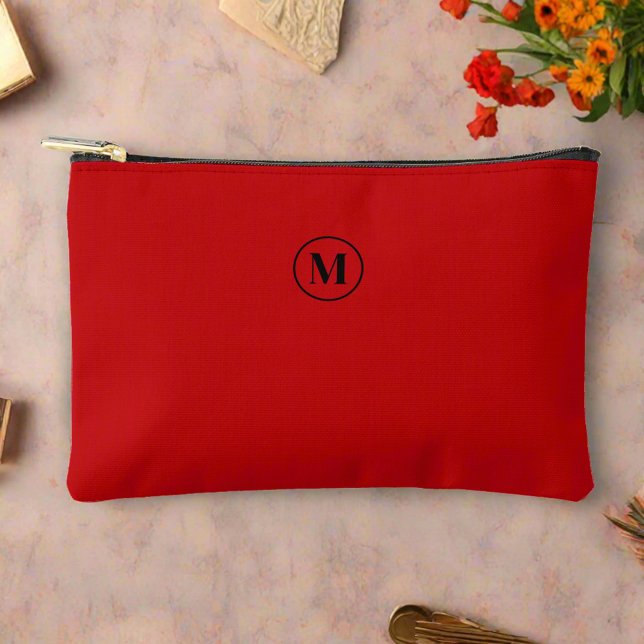 Pochette À Accessoires Feminine Rouge & Noir l Moderne Élégant Monogramme (Créateur téléchargé)