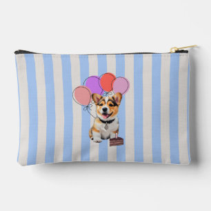 Pochette À Accessoires Fête d'anniversaire de Corgi rayé bleu et beige