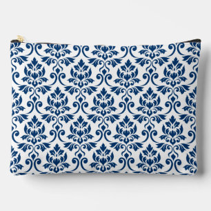 Pochette À Accessoires Feuille Damask Grand Motif bleu foncé sur blanc
