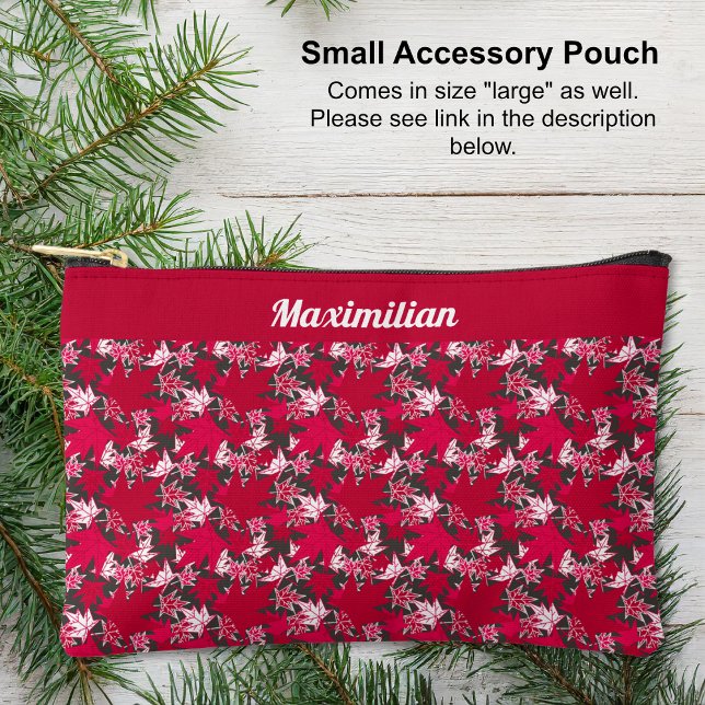 Pochette À Accessoires Feuilles d'érable au charbon de bois - PETITE trou (Red and White Maple Leaves on Charcoal - SMALL Accessory Pouch by The Canadian Outpost shop)