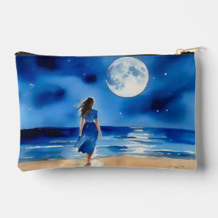 Pochette À Accessoires Fille sur la plage sous une Pleine lune