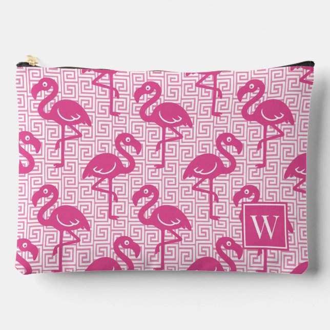 Pochette À Accessoires Flamant Tropical - Monogramme Rose Chaud Clé Grecq (Recto)