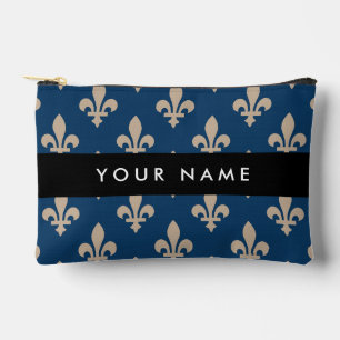 Pochette À Accessoires Fleur de Lis, Beige sur Bleu Nuit, Royal, Votre No