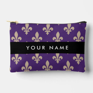 Pochette À Accessoires Fleur de Lis, Beige sur Violet, Royal, Votre Nom
