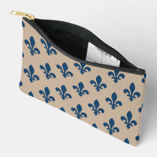 Pochette À Accessoires Fleur de Lis Motif, Royal French Blue sur Crème
