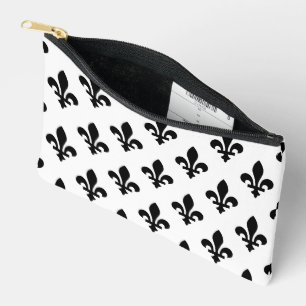 Pochette À Accessoires Fleur de Lis Motif, Royal French, Noir sur Blanc