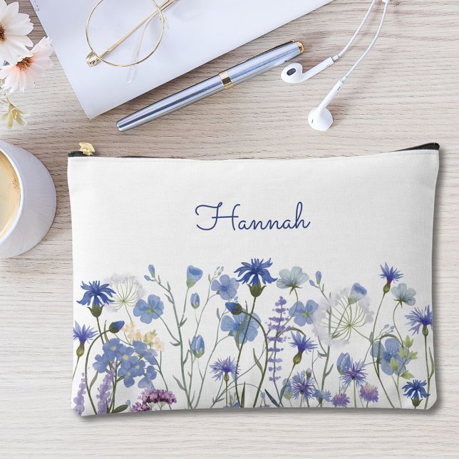 Pochette À Accessoires Fleur de Monogramme Aquarelle Bleue Florale (In situ)