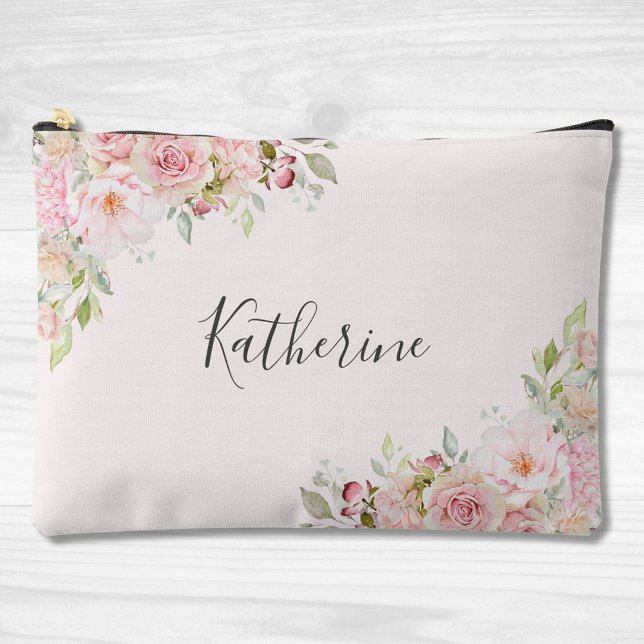 Pochette À Accessoires Fleur de rose rose blush monogrammée Floral (Close up)