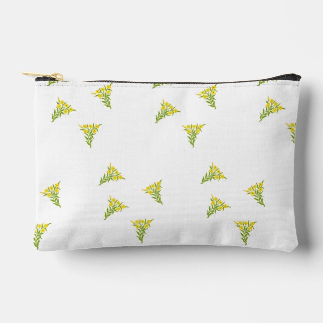 Pochette À Accessoires Fleur jaune avec feuilles verts sur blanc (Recto)