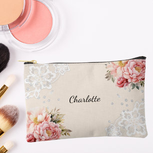 Pochette À Accessoires Fleur rose dentelle pêche beige