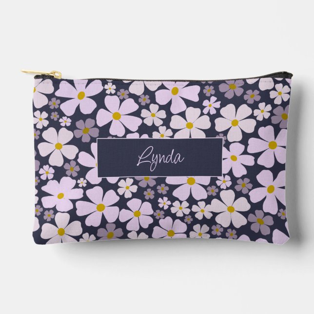 Pochette À Accessoires Fleur rose et violette sur fond bleu foncé et nom (Recto)
