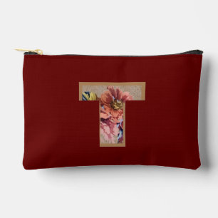 Pochette À Accessoires Fleur Rustique initiale T Bourgogne