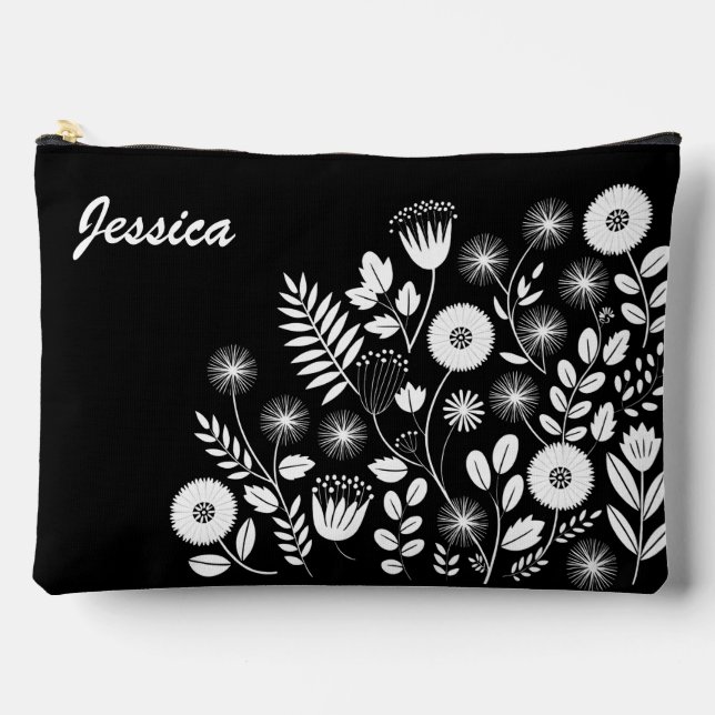 Pochette À Accessoires Fleur sauvage Boho noir et blanc (Recto)