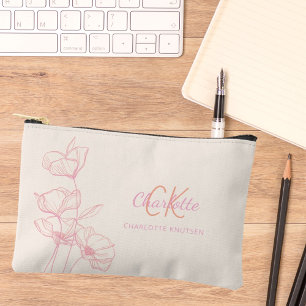 Pochette À Accessoires Fleur sauvage ligne art rose crème nom monogramme