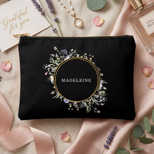 Pochette À Accessoires Fleur sauvage personnalisée Or et Noir