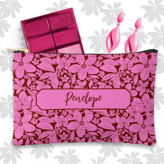 Pochette À Accessoires Fleur tropicale lavande sur fond bordeaux