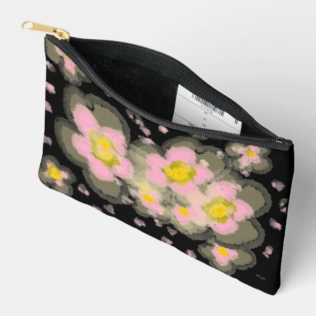 Pochette À Accessoires Fleurs abstraites de printemps rose noir (Ouvrir)