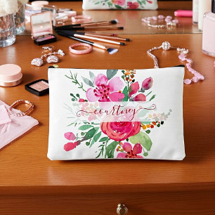 Pochette À Accessoires Fleurs aquarelle rose personnalisées